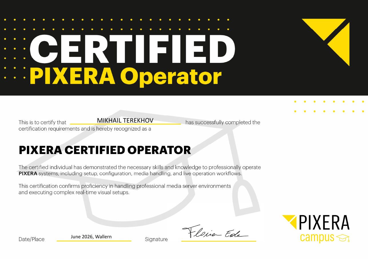 PIXERA Certified Operator certificate issued to Mikhail Terekhov, June 2026