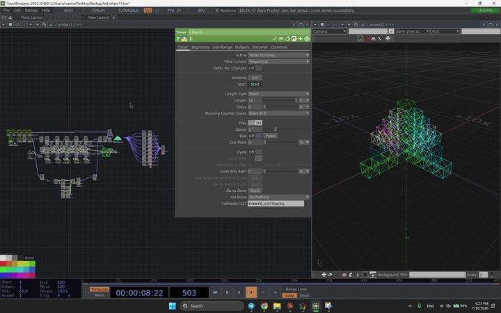 TouchDesigner network and 3D tank map